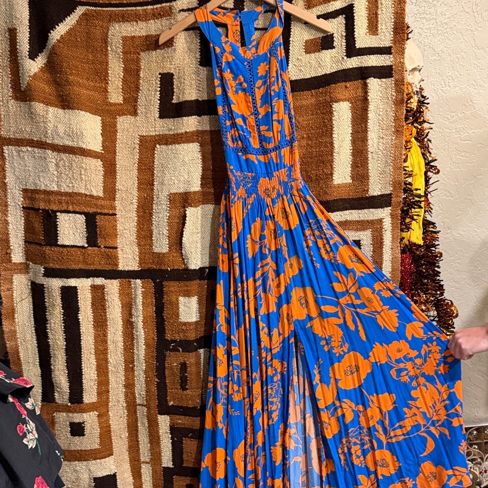 Rayon Floral Blue and Orange Maxi Dress